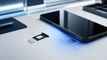Smarttelefon med åpen SIM-skuff og blå kretslinje som viser en innebygd eSIM-brikke