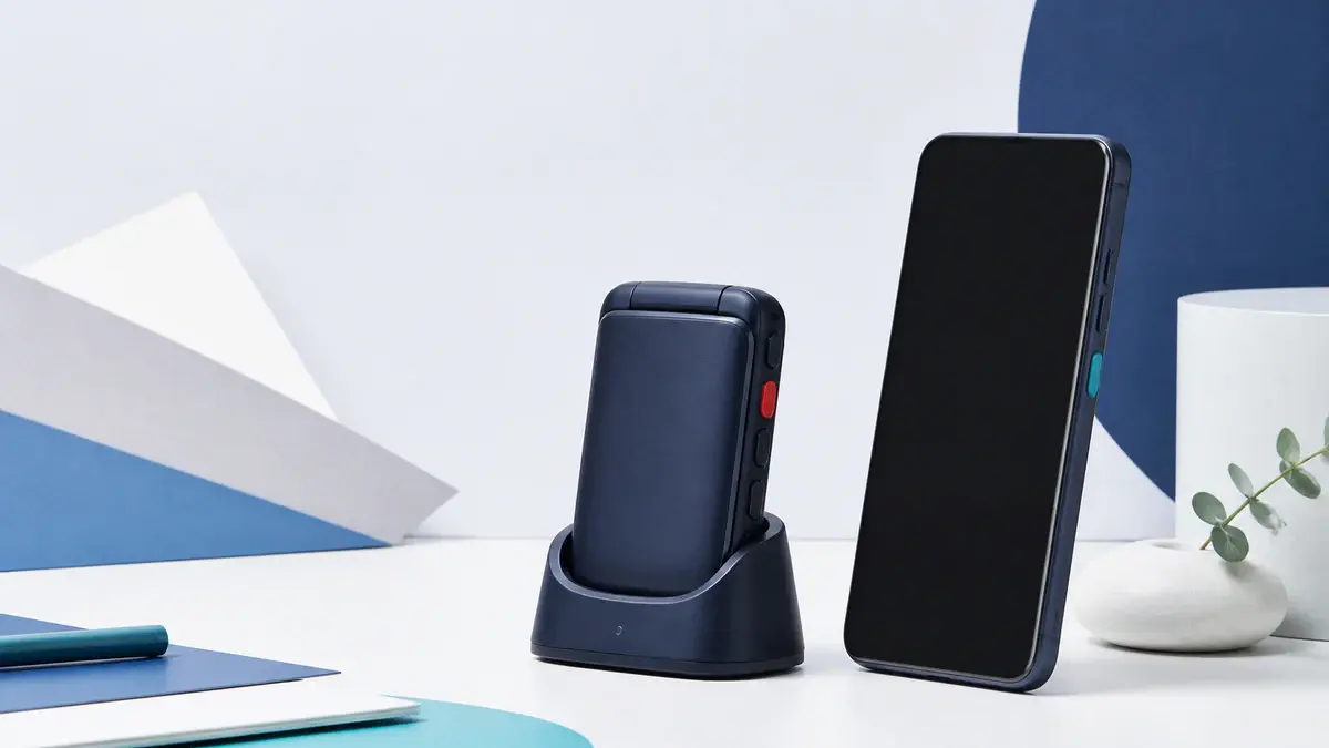 Lukket klapptelefon i ladestasjon ved siden av en smarttelefon med store sideknapper