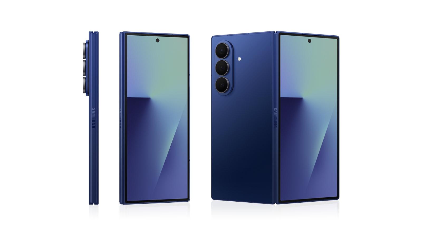 Samsung Galaxy Z Fold7 med 1 TB lagring i Blue Shadow, vist lukket og brettet ut